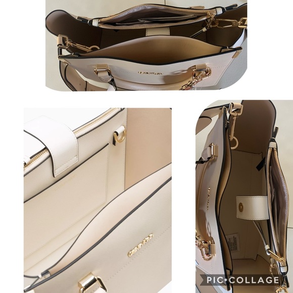 NWT CALVIN KLEIN Leather Bag Raelynn Beige Satchel - Picture 5 of 7